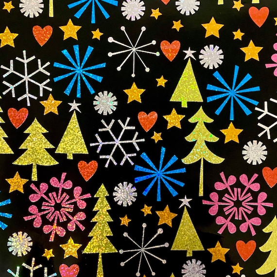 Retro Holographic Luxury Gift Wrap Paper 30x30 Holiday Wrapping Tree Snow  Flakes Black Pink Blue Yellow Gold Iridescent Glitter Book Cover 
