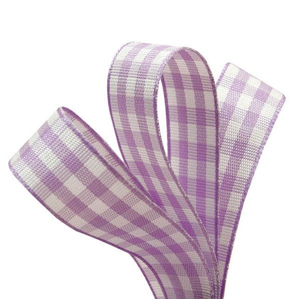Gingham Purple & White Ribbon 5/8" x 5 Yds Polyester Weave Lavender Plaid Check Checkered Bow BBQ Picnic Wedding Gift Cottage Farmhouse