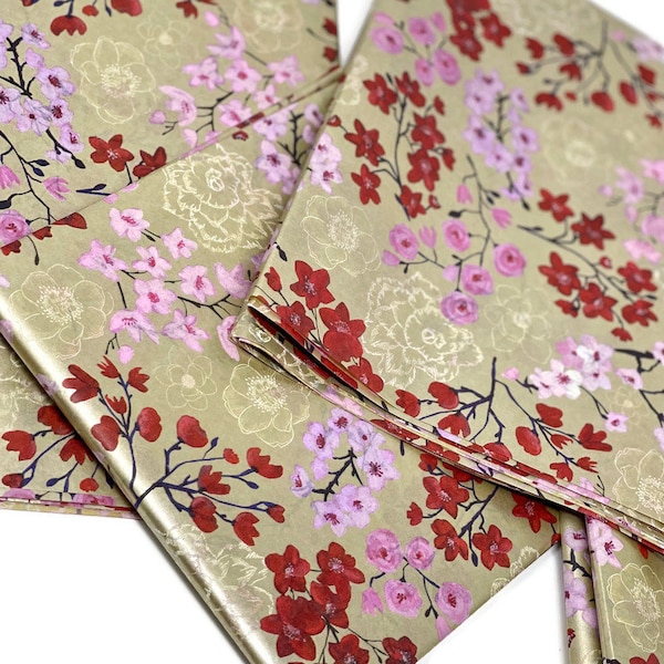 Drifting Blossom Sakura Tissue Paper 20"X30" 5-10 sheets Japanese Cherry Blossom Botanical Gold Pink Red Luxury Decoupage eco-friendly