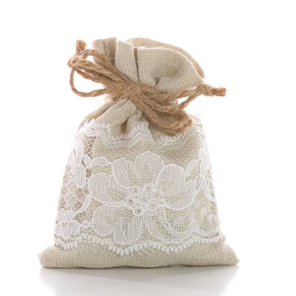 Natural/White Linen & Lace Bag W/Hemp Cord 3X5 Wedding Bridesmaid Baby Shower Favor Bags Jewelry Gift Pouch Drawstring Reusable eco friendly