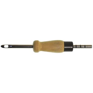 May include: A wooden handled needle tool with a metal needle and a metal connector with three prongs.