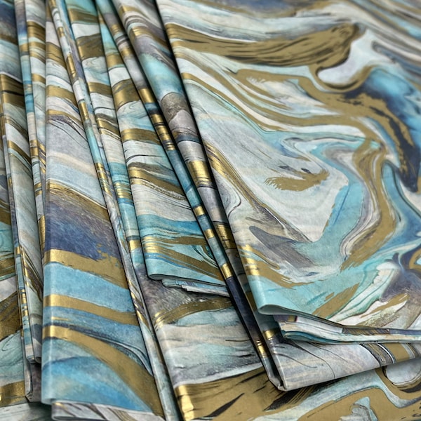 Marbleized Magic Blue Tissue Paper 20" X 30"  5-10 Sheets Luxury Premium Metallic Gold Marble Gift Wrap eco-friendly
