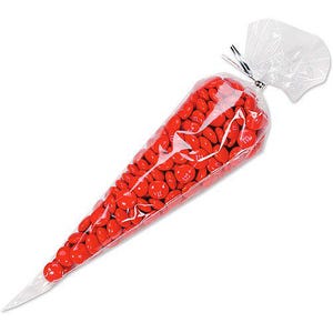 May include: Clear plastic cone-shaped bag filled with red candy. The bag has a twist tie closure.