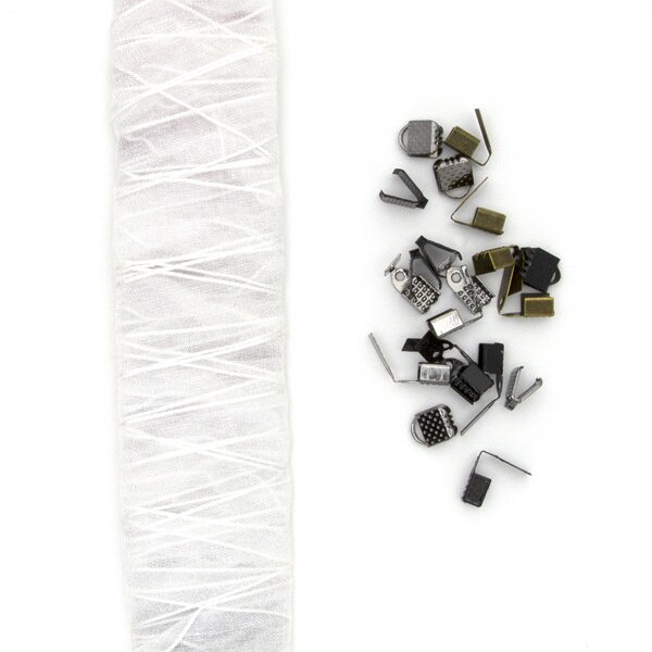 White Organza Cotton Ribbon 5yd & Metal Ribbon End Clamps Jewelry Charm Jewelry Beads Findings DIY Craft Art Earring Necklace Bracelet