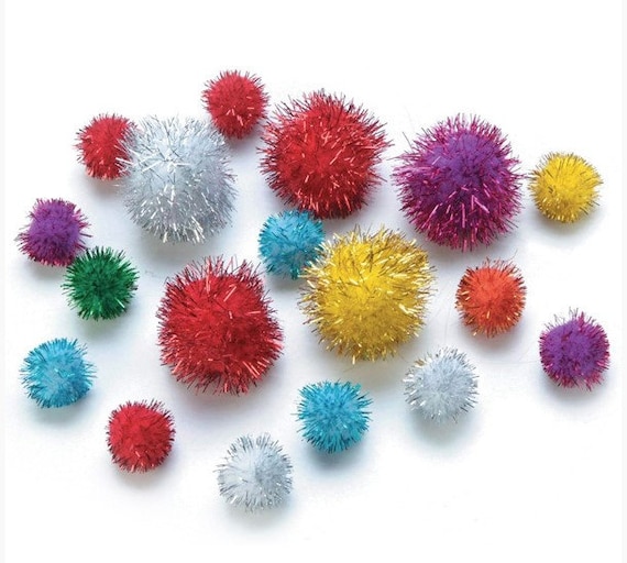 Glitter Pom Poms Assorted Colors Sizes 1/21 25 Pieces Art Craft Ornament  Cat White Red Yellow Green Orange Purple Blue Tinsel 