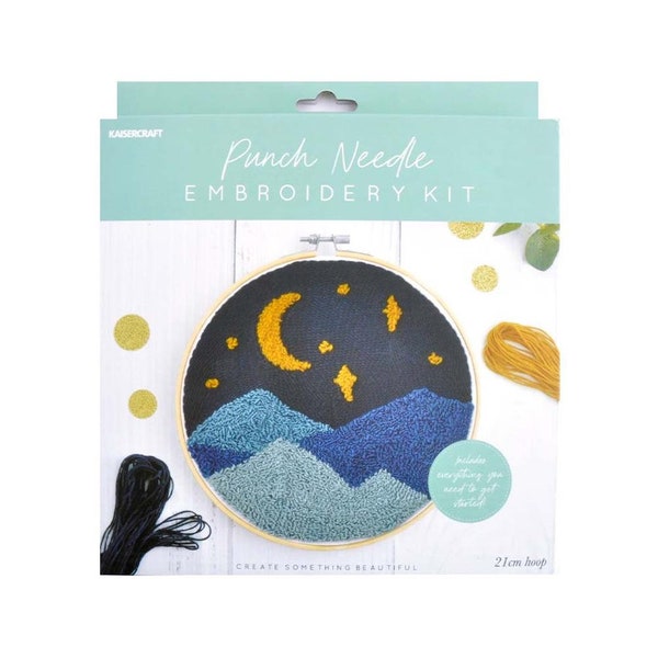 Kaisercraft Punch Needle Embroidery Kit 8" Round Celestial Hoop Printed Fabric Thread Tool