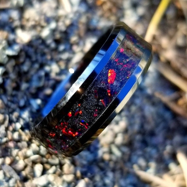 Black Ceramic Glow Ring for Men, Black Fire Opal Inlay, Opal Mens Wedding or Anniversary Band, Handcrafted Unique Jewelry. Gift for men.
