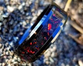 Ceramic And Black Opal Ring For Men. Black Fire Opal Ring, Glow Ring, Opal Mens Wedding Band or Anniversary Ring, Gift For Him. Black Ring.