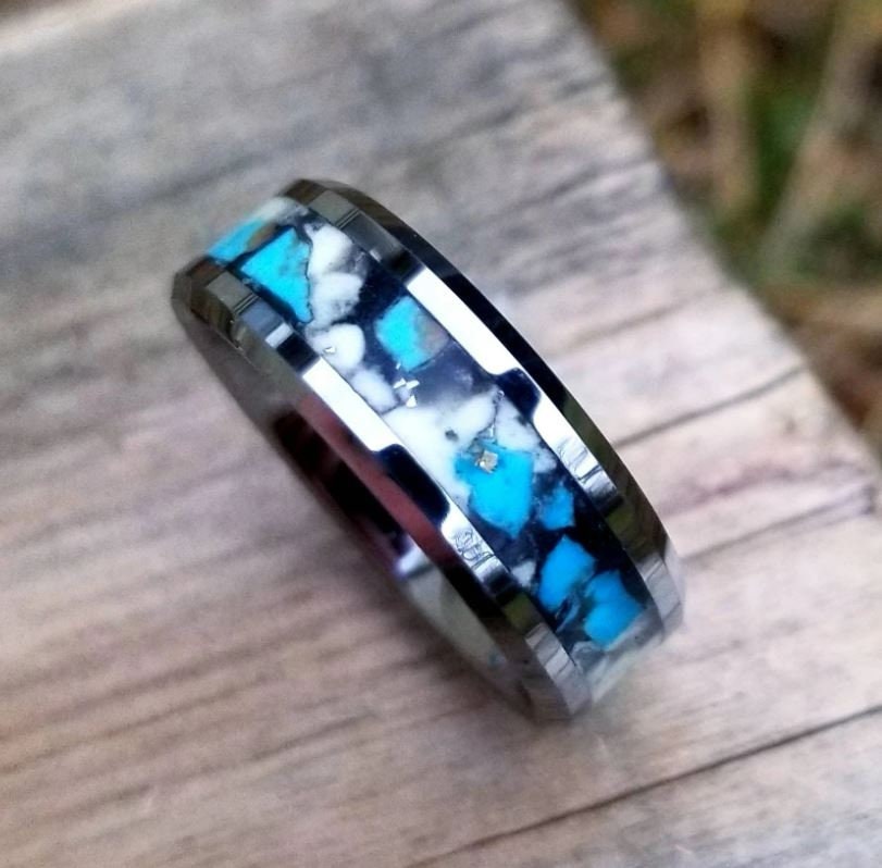 Tungsten Ring With Natural Crushed Turquoise and Glowstone