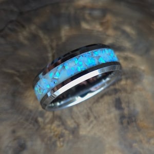 Rustic Tungsten Glow Ring With Frost Blue Opal Inlay. Blue Opal Ring. Opal Wedding band. Mens Engagement Ring. Womans Anniversary Gift
