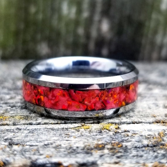 Tungsten Ring With Red Fire Opal Inlay. Galaxy Ring. Red Fire Opal