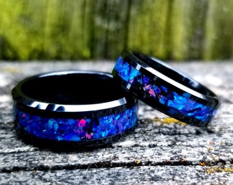 His & Hers Black Ceramic Wedding Ring Set, Blue Fire Opal Inlay, Glow Ring