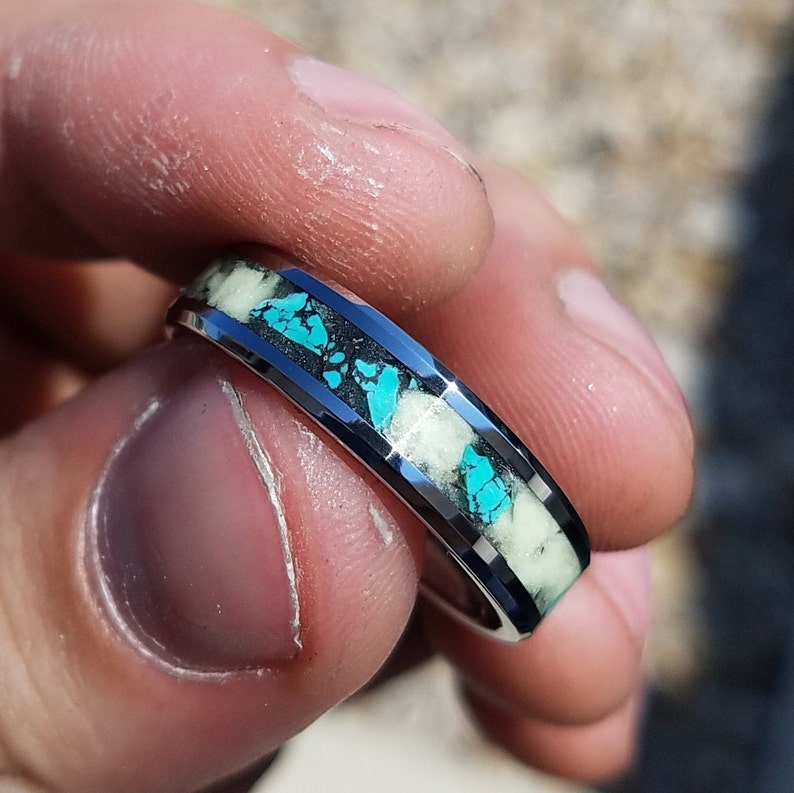Tungsten carbide glow ring with turquoise inlay 6-millimeter Glow ring Men/'s ring Sizes 4-13 Tungsten ring Woman/'s ring Turquoise ring