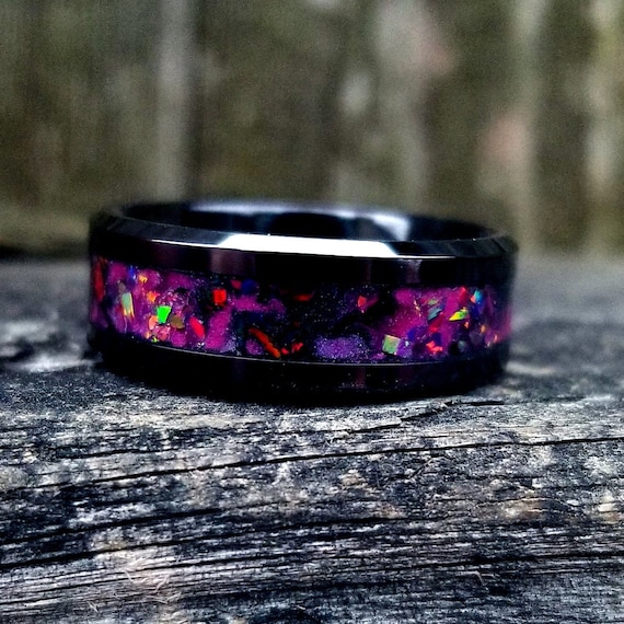 His & Hers Wedding Ring Set - Galaxy Fire Opal Ring - Black Ceramic Glow Ring with Ruby Red & Black Fire Opal Inlay - Sizes 5-13 - Orth Custom Rings