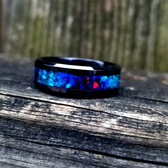 His & Hers Wedding Ring Set - Galaxy Fire Opal Ring - Black Ceramic Glow Ring with Ruby Red & Black Fire Opal Inlay - Sizes 5-13 - Orth Custom Rings