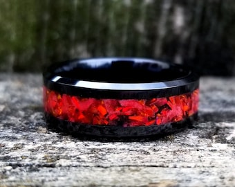 Black Ceramic Ring: Red Fire Opal, Glowstone Inlay
