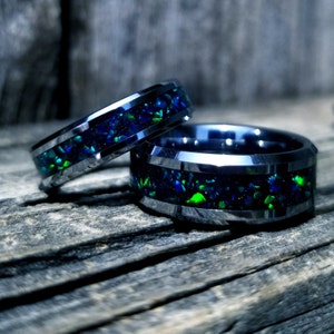 His and Hers Wedding Ring Set. Tungsten ring set with green fire opal and glowstone inlay. Fire opal ring. womans and mens engagement ring.