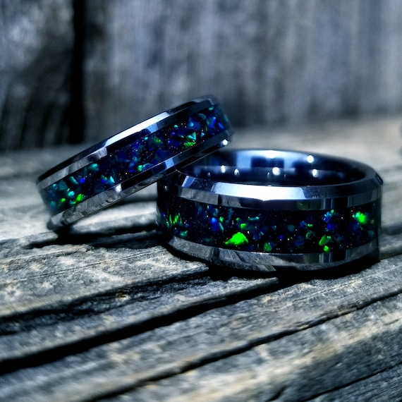 His & Hers Wedding Ring Set- Black Ceramic Ring Set with Red Fire Opal & Glowstone Inlay - 8mm & 6mm Rings - Sizes 5-13 - Orth Custom Rings