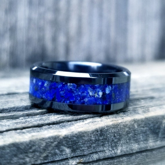 Black Ceramic Ring With Lapis Lazuli Inlay. Crushed Lapis Lazuli