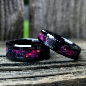 His and Hers wedding ring set. Ceramic glow ring with black fire opal inlay. fire opal ring. Galaxy ring. Nebula ring wedding idea.
