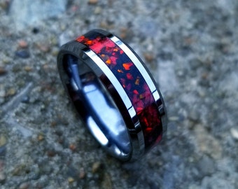 Tungsten carbide glow ring with red fire opal inlay. black and red glowstone inlay. Men's ring. Women's ring. Fire opal ring. sizes 5-13