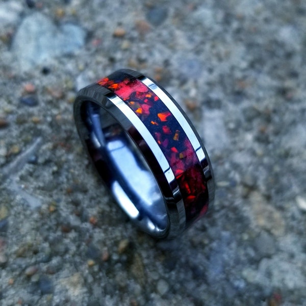 Tungsten carbide glow ring with red fire opal inlay. black and red glowstone inlay. Men's ring. Women's ring. Fire opal ring. sizes 5-13