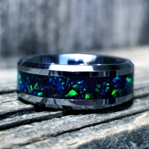Tungsten carbide ring with green fire opal and glowstone inlay. green fire opal ring. wedding ring. Mens ring. Womens ring. Sizes 5-13