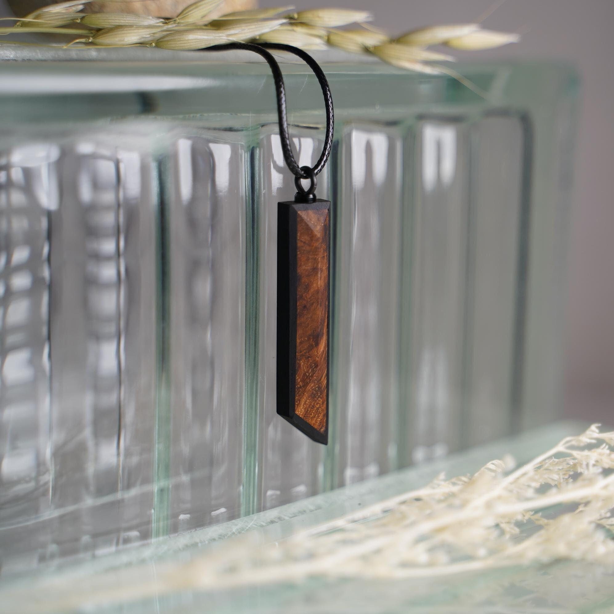 Rectangle Wood Necklace With Mosaic Wood Inlay. Handmade Wood Jewelry. Carved Wood Necklace Burl Necklace. Bar Necklace for Men and Women.