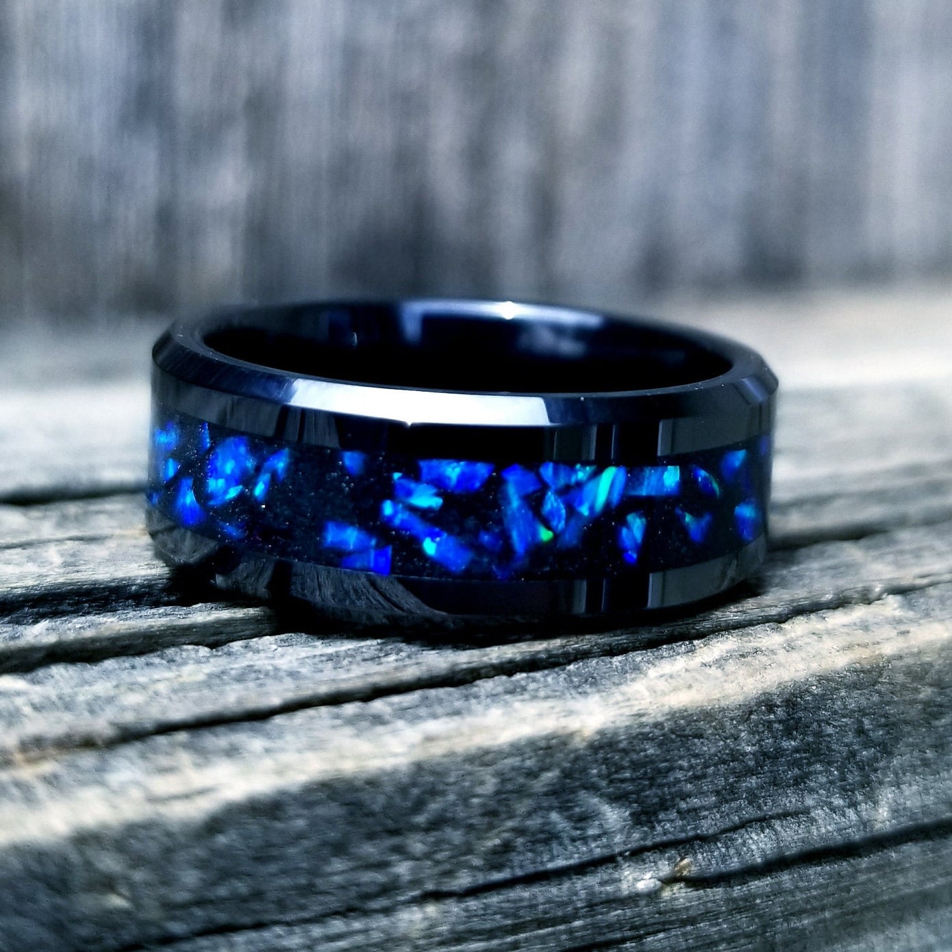 Black Ceramic Ring With Blue Sapphire Opal and Glowstone Inlay