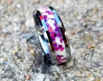 Tungsten ring with ruby fire opal and glow inlay. Glow ring. Fire opal ring. Wedding ring. Galaxy ring. Engagement mens ring. Womens ring.