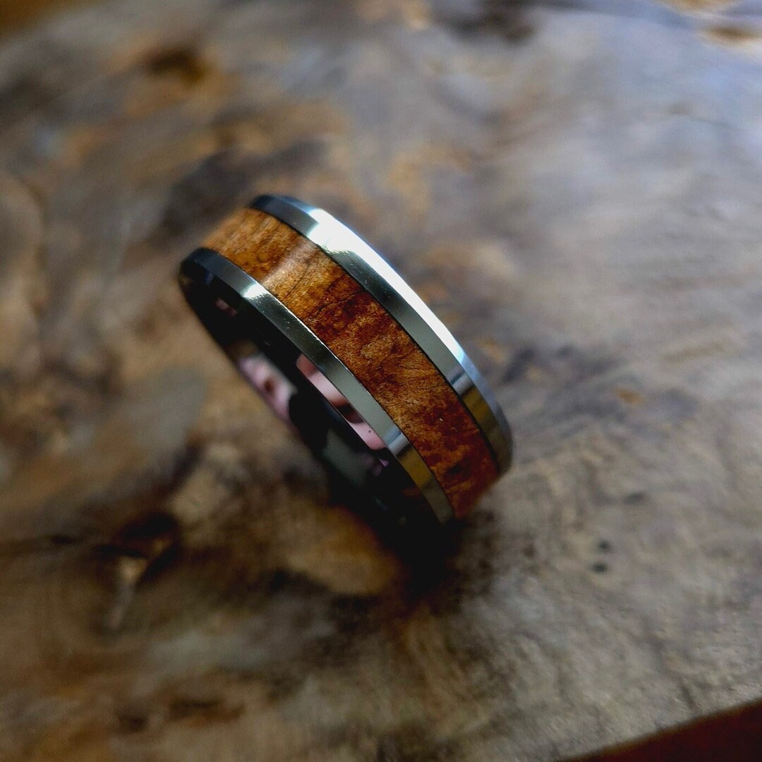 Tungsten Maple Burl Wood Inlay Ring, Mens Wedding Band