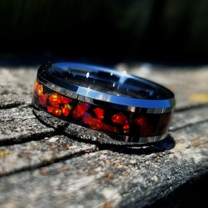 Tungsten ring with fire opal and glow inlay. Red fire opal ring. galaxy ring. glow ring. Wedding ring. Engagement ring. Mens ring. Unisex.