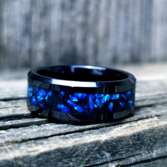 8mm Tungsten Carbide Blue Abalone Opal Inlay Band – Men’s Or Women’s Engagement Wedding Ring – USA Made