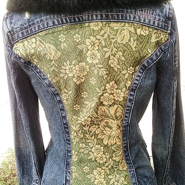 Vintage jeans jacket with green vintage upholstery insert. Neck in real green lapin coat