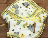 Flannel receiving blanket double sided honey bear bees and hives yellow honeycomb on reverse side 2 matching burps hand crochet edging