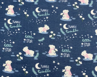 815 Flannel fabric white background blue tiny dots /& flowers with tossed gray elephants blue dots on ears sold by the yard.