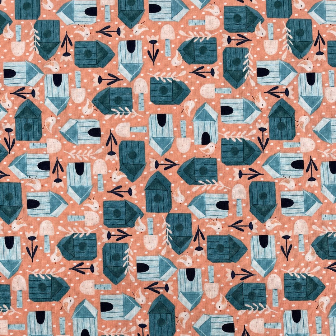 668 COTTON Fabric Peach Background With Tossed Teal & Blue - Etsy