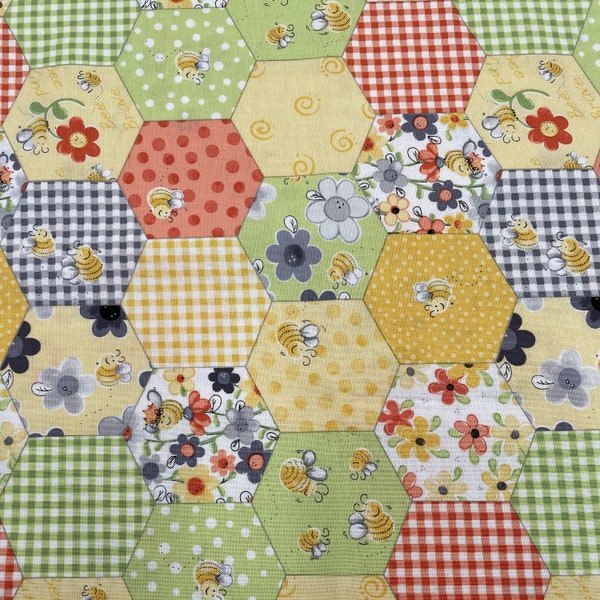 770 COTTON fabric honeycomb patchwork with checks flowers dots & bees sold by the yard.