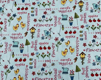 526 COTTON fabric light blue background with birds flowers birdhouses fruit garden words sold by the yard.