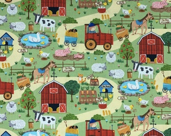 Farm Scene Cotton Novelty Quilt Fabric Fat Quarter Tractor Animals Red Barn