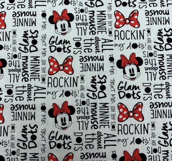 395 COTTON Fabric White Background With Minnie Mouse Faces Red