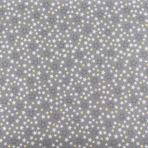 723 COTTON fabric gray background with white stars yellow dots black dotted outlined stars sold by the yard.