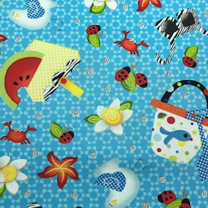 76 COTTON fabric blue with buckets shovels crabs starfish seagulls lady bugs flowers sold by the yard
