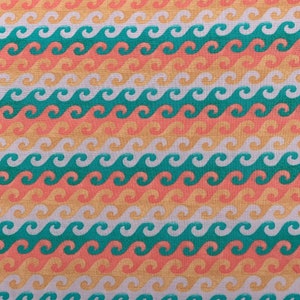 416 COTTON fabric rows of teal peach yellow & white waves sold by the yard.