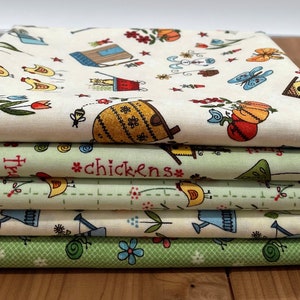 COTTON Bundles - 5 fabric 1/2 yard pieces - Green Backyard Happenings by Henry Glass