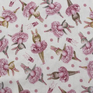738 COTTON fabric white with tossed ballerina bunnies pink tutus ballet slippers & flowers sold by the yard.