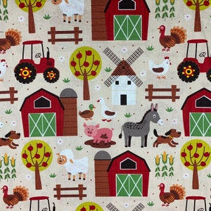 267 COTTON fabric cream background with farm animals red barn tractor windmill trees and fences sold by the yard.