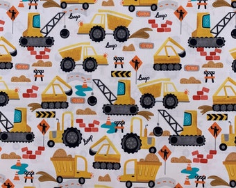 451 COTTON fabric white background with construction equipment signs & cones sold by the yard.