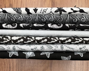 COTTON Bundles - 7 fabric 1/2 yard pieces - Black & White Ocean Reef Under the Sea