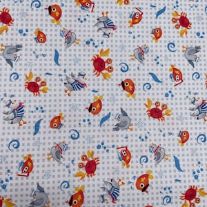 608 COTTON fabric white background with light blue little squares with fish crabs birds with sailor hats & stars sold by the yard.